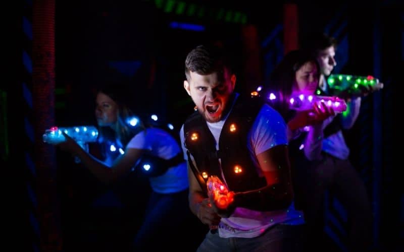 indoor laser tag arena with colorful lights